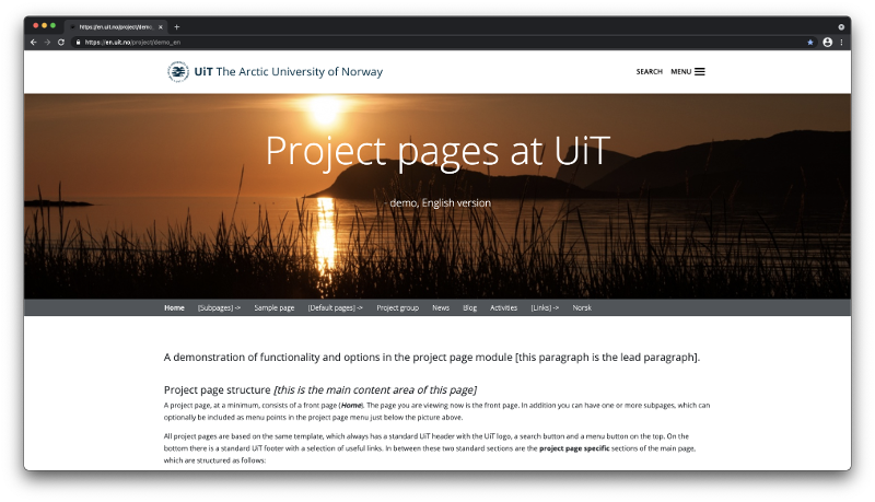 Bilde av forside til engelsk prosjektside